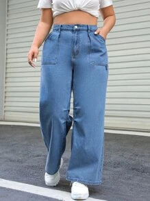 Plus Slant Pocket Straight Leg Jeans - Medium Wash - View 6