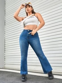 Plus Butterfly Print Flare Leg Jeans - Medium Wash - View 2