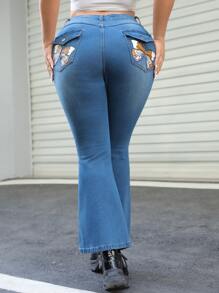 Plus Butterfly Print Flare Leg Jeans - Medium Wash - View 3