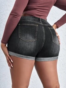 Shorts en mezclilla desgarro bajo de doblez - Negro - Ver 2