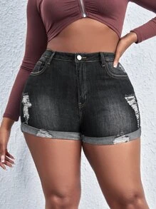 Shorts en mezclilla desgarro bajo de doblez - Negro - Ver 1