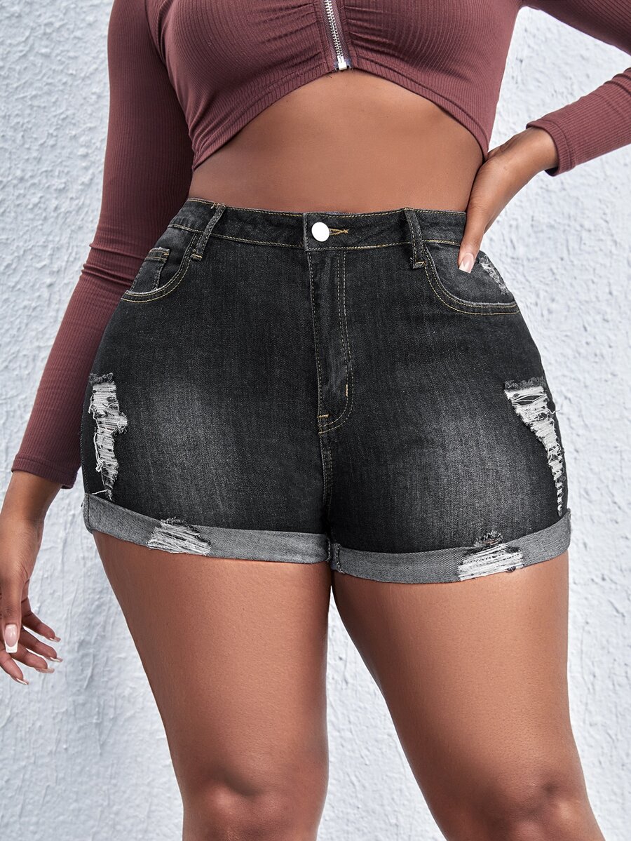 Shorts en mezclilla desgarro bajo de doblez - Negro - Ver 1