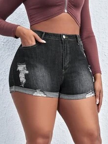 Shorts en mezclilla desgarro bajo de doblez - Negro - Ver 4