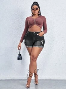 Shorts en mezclilla desgarro bajo de doblez - Negro - Ver 6