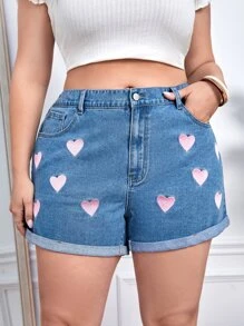 SHEIN Essnce Plus Heart Print Roll Up Hem Denim Shorts - Medium Wash - View 4