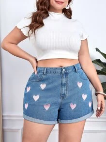 SHEIN Essnce Plus Heart Print Roll Up Hem Denim Shorts - Medium Wash - View 2