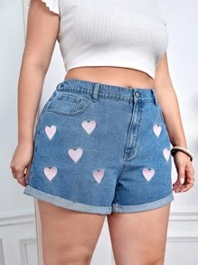 SHEIN Essnce Plus Heart Print Roll Up Hem Denim Shorts - Medium Wash - View 5