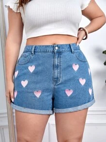 SHEIN Essnce Plus Heart Print Roll Up Hem Denim Shorts - Medium Wash - View 3