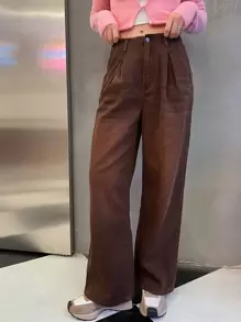 SHEIN Solid Wide Leg Jeans - Coffee Brown - View 1