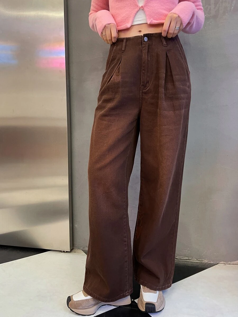 SHEIN Solid Wide Leg Jeans - Coffee Brown - View 1