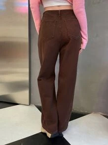 SHEIN Solid Wide Leg Jeans - Coffee Brown - View 2