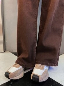 SHEIN Solid Wide Leg Jeans - Coffee Brown - View 3