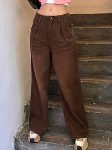 SHEIN Solid Wide Leg Jeans - Coffee Brown - View 4