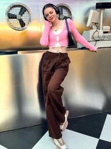 SHEIN Solid Wide Leg Jeans - Coffee Brown - View 5