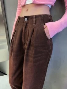 SHEIN Solid Wide Leg Jeans - Coffee Brown - View 6