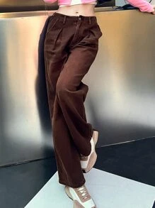 SHEIN Solid Wide Leg Jeans - Coffee Brown - View 7