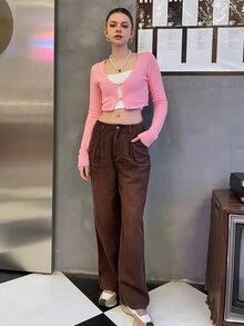 SHEIN Solid Wide Leg Jeans - Coffee Brown - View 8