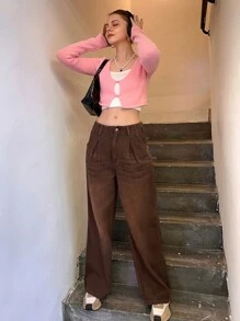 SHEIN Solid Wide Leg Jeans - Coffee Brown - View 10