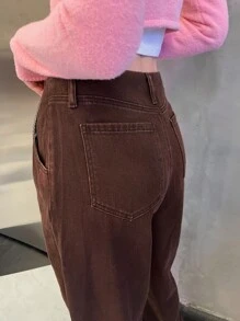 SHEIN Solid Wide Leg Jeans - Coffee Brown - View 11