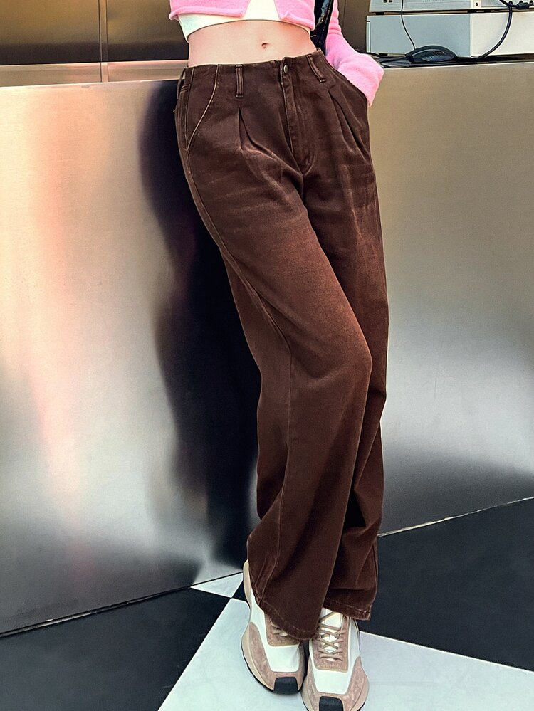 SHEIN Jeans unicolor de pierna ancha - Café integral - Añade 12