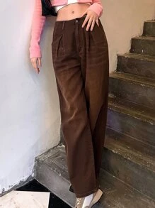 SHEIN Solid Wide Leg Jeans - Coffee Brown - View 13