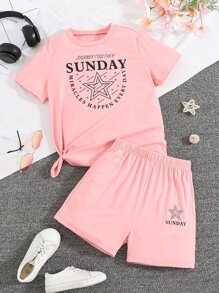 Girls Star And Slogan Graphic Tee & Shorts - Pink - View 1