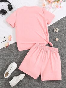 Girls Star And Slogan Graphic Tee & Shorts - Pink - View 2
