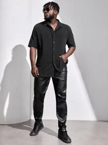 EASEVO Hombres Camisa brillante con botón delantero - Negro - Ver 3