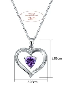 1入組二月誕生石心形墜飾項鍊適合女士S925純銀母親節情人節精細首飾類生日禮物適合女孩