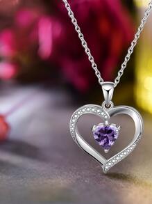 1入組二月誕生石心形墜飾項鍊適合女士S925純銀母親節情人節精細首飾類生日禮物適合女孩