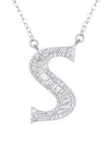方晶鋯石字母吊墜銀項鍊 - 銀色 - 查看 1