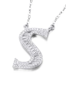 方晶鋯石字母吊墜銀項鍊 - 銀色 - 查看 2