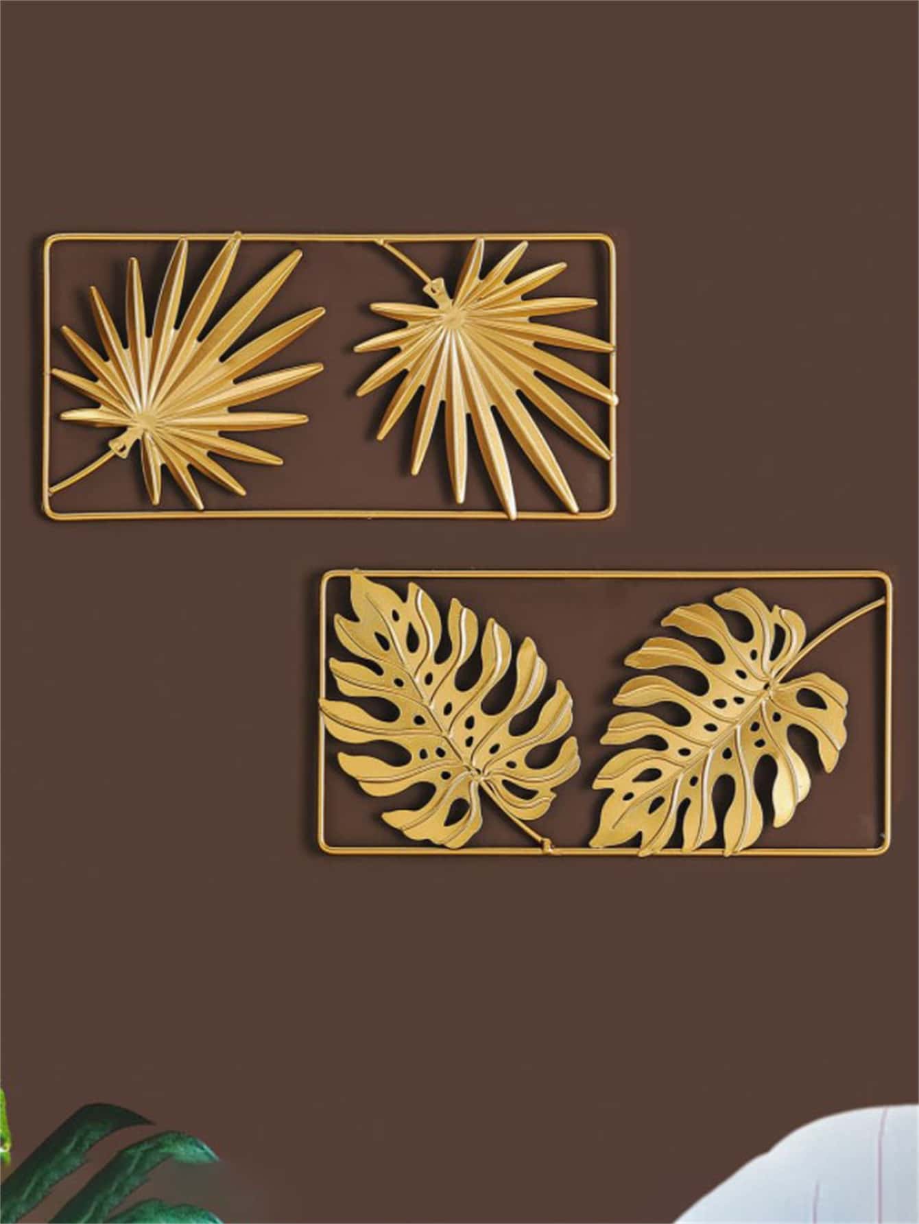 2pcs Tropical Leaf Design Wall Hanging - Gold - View 1