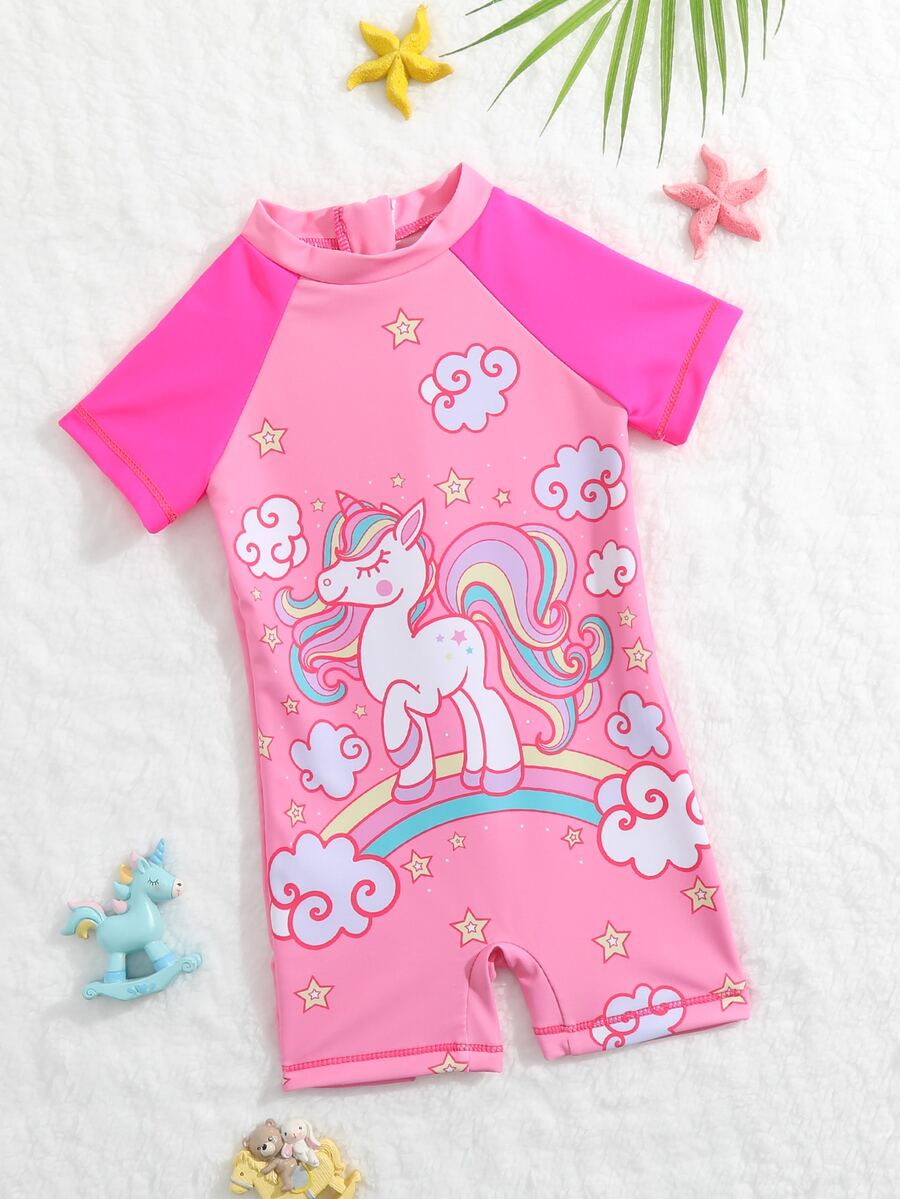 Baby Unicorn & Rainbow Print Zipper Back One Piece Swimsuit - Pink - View 1