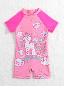 Baby Unicorn & Rainbow Print Zipper Back One Piece Swimsuit - Pink - View 3