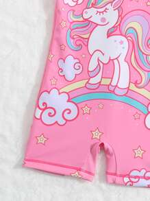 Baby Unicorn & Rainbow Print Zipper Back One Piece Swimsuit - Pink - View 4