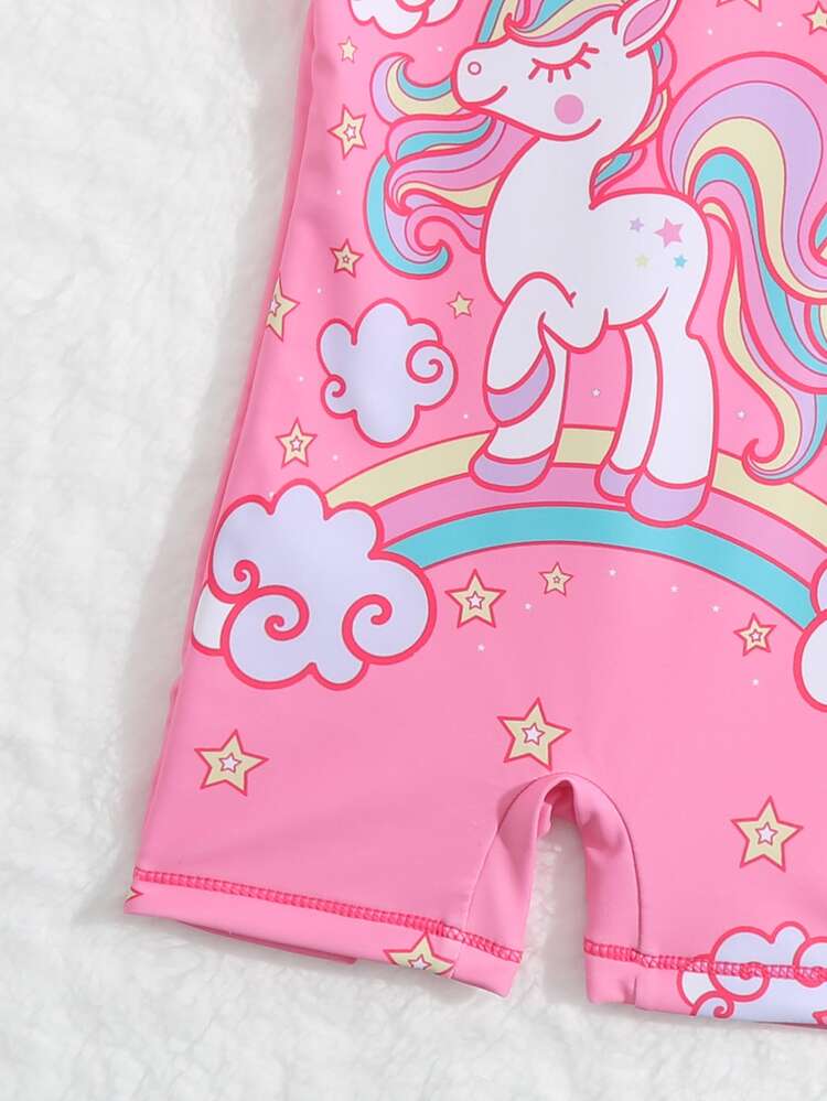 Baby Unicorn & Rainbow Print Zipper Back One Piece Swimsuit - Pink - View 4