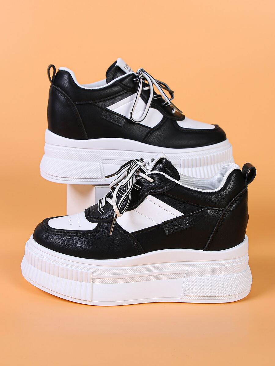 Two Tone Lace-up Front Wedge Sneakers - Black - View 1