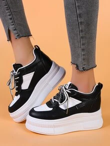 Two Tone Lace-up Front Wedge Sneakers - Black - View 3