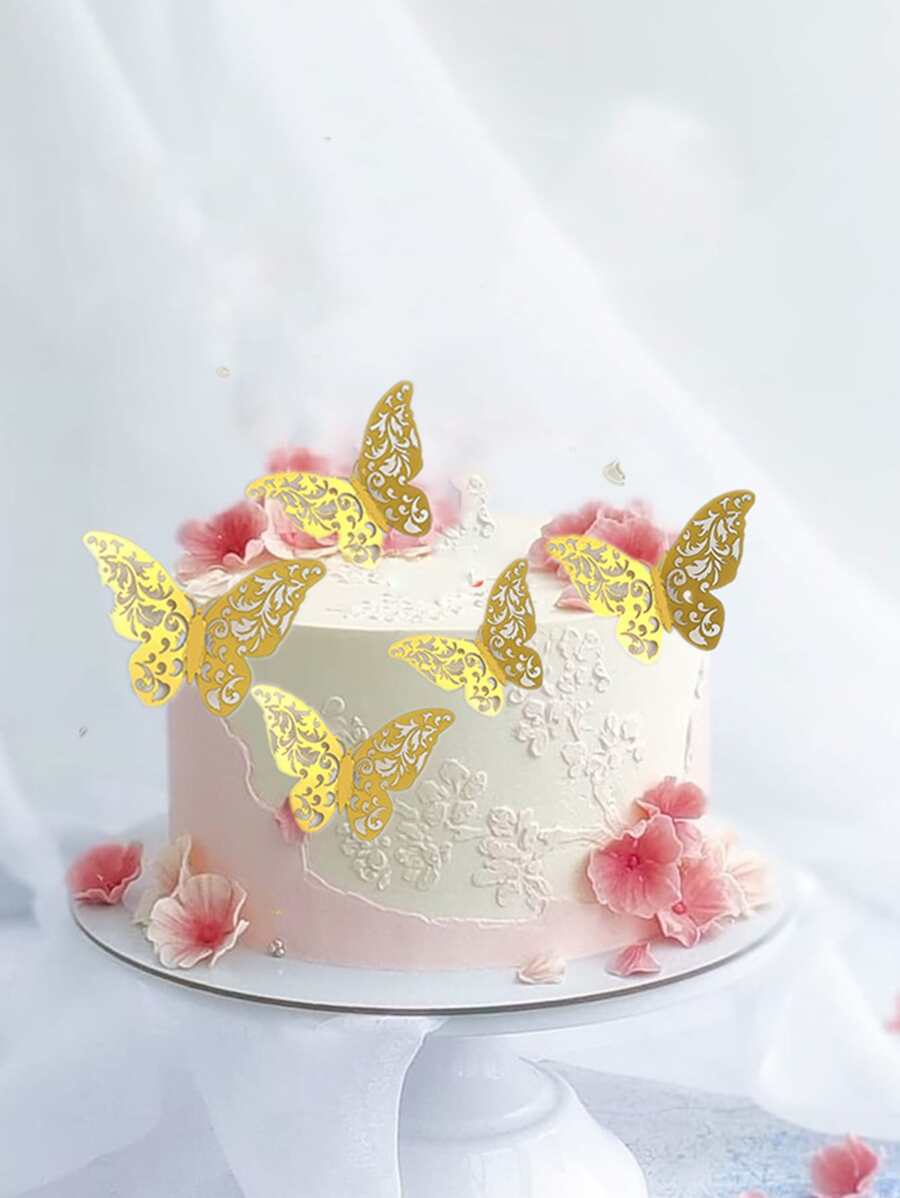 12入組蝴蝶設計蛋糕裝飾 - 金色 - 查看 1