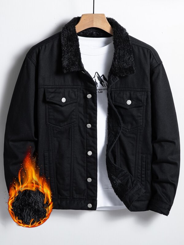 Manfinity Homme Loose-Fit Men's Denim Jacket With Shearling Lining And Button Front, Without T-Shirt