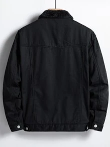 Manfinity Homme 寬鬆男士剪羊毛襯裡正面紐扣牛仔夾克,不含 T 卹 - 黑色 - 查看 2