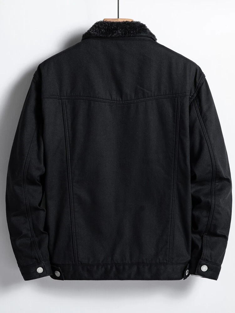 Loose-Fit Men's Denim Jacket With Shearling Lining And Button Front, Without T-Shirt