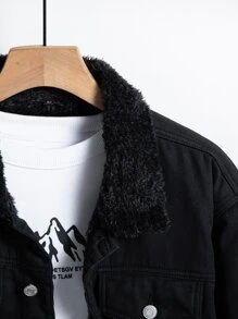 Manfinity Homme 寬鬆男士剪羊毛襯裡正面紐扣牛仔夾克,不含 T 卹 - 黑色 - 查看 3