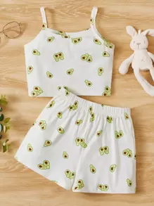 SHEIN Leap Crew Tween Girl Cartoon Print Cami Top & Shorts PJ Set - White - View 1