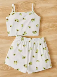 SHEIN Leap Crew Tween Girl Cartoon Print Cami Top & Shorts PJ Set - White - View 2