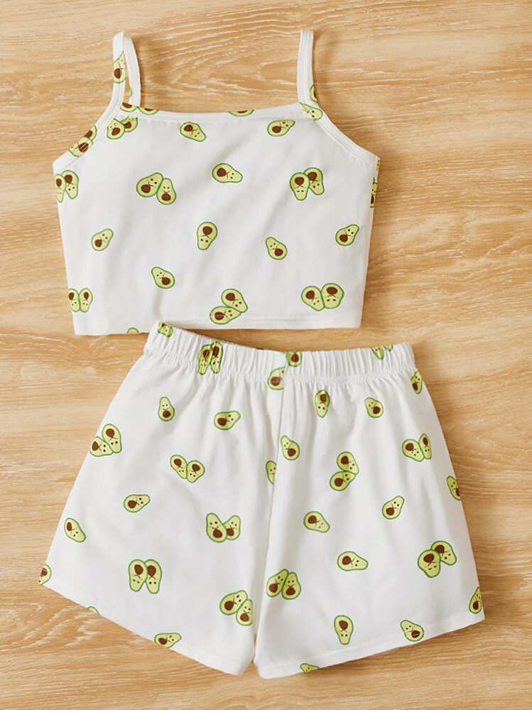 SHEIN Leap Crew Tween Girl Cartoon Print Cami Top & Shorts PJ Set - White - View 2