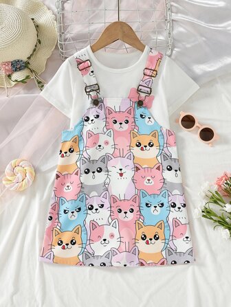 小女童滿版卡通貓貓圖案背帶裙和T恤