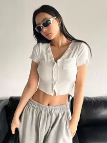 DAZY Đã vá Túi Ren Mộc nhĩ Áo phông Crop - trắng - Xem 3