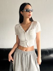 DAZY Đã vá Túi Ren Mộc nhĩ Áo phông Crop - trắng - Xem 5